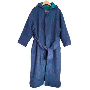 Vintage Colorful Blue Purple Mohair Belted 3/4 Sleeve Hooded Long Coat XL